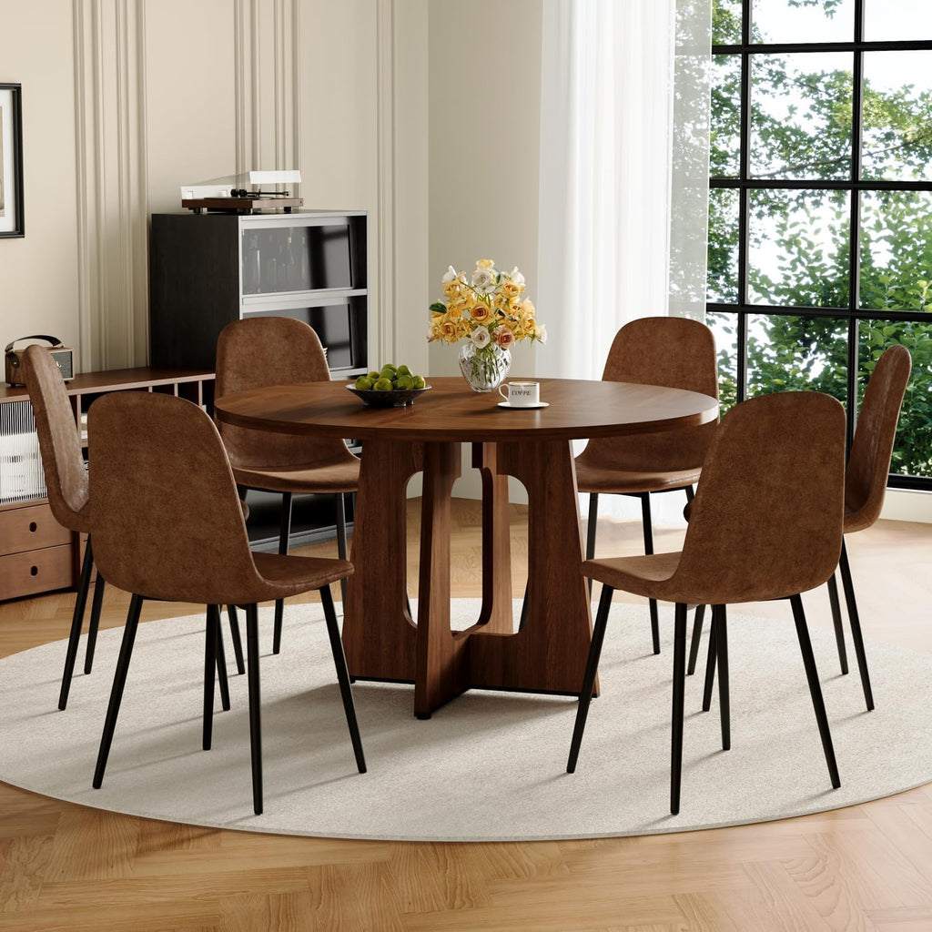 47" Round Dining Table Set for 6, Walnut Wood Grain Table and 6 Brown Suede Upholstered Chairs Set, Mid Century Modern Kitchen Table Set with Cross Legs