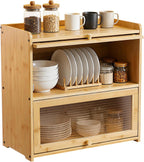 Countertop Kitchen Pantry Cabinet, 20.5x9.8x19.7in Dual-Layer Storage Cabinet for Kitchen Counter, Bamboo Storage Bin with Acrylic Door Panel, Elevated Fence, Translucent Hovering Cabinet Door (Log)