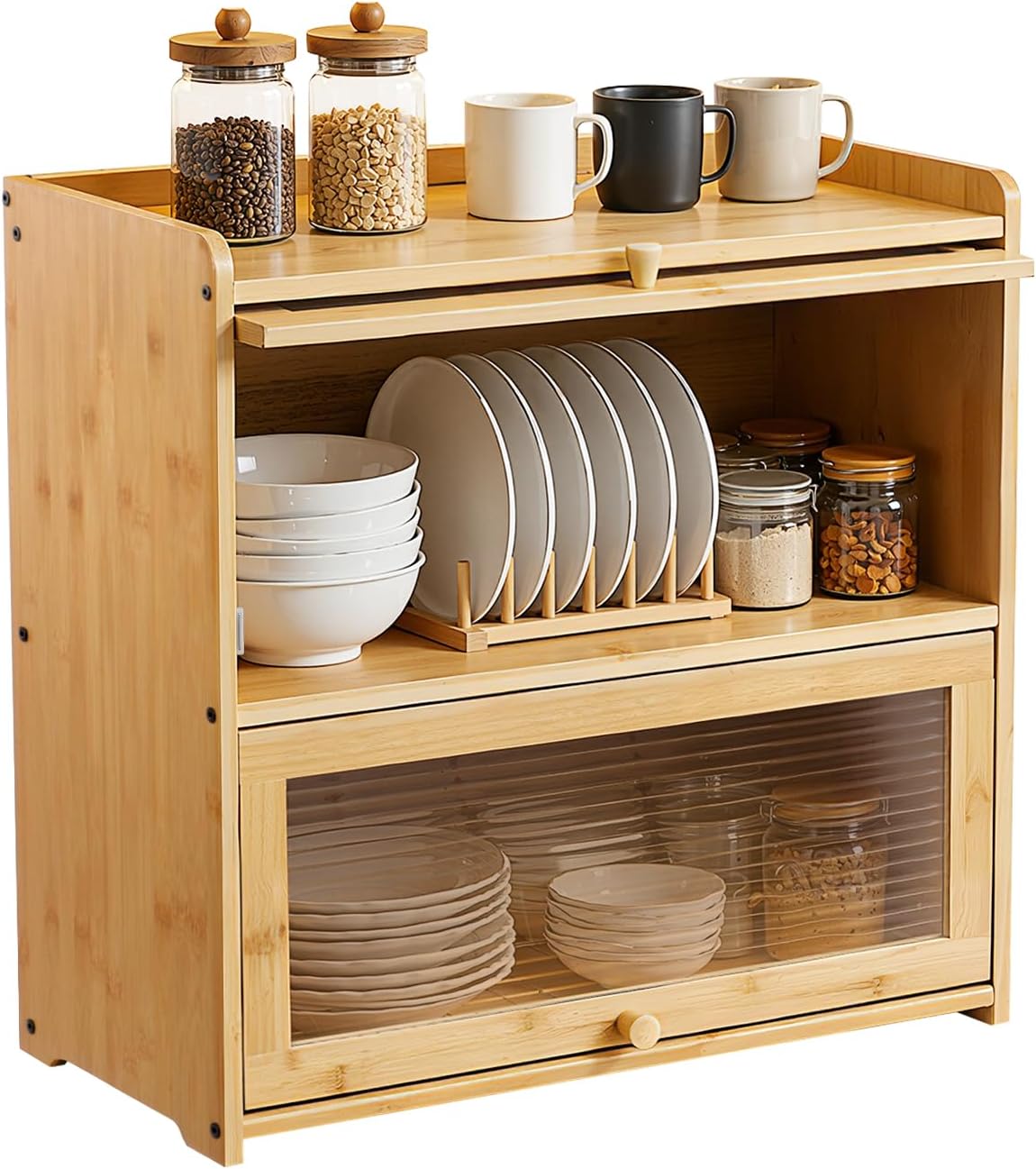 Countertop Kitchen Pantry Cabinet, 20.5x9.8x19.7in Dual-Layer Storage Cabinet for Kitchen Counter, Bamboo Storage Bin with Acrylic Door Panel, Elevated Fence, Translucent Hovering Cabinet Door (Log)