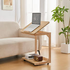 C-Shaped End Table with Wheels - Solid Wood C Shape Rolling Side Table for Couch, Wooden Tv Tray Under Bedside Tables for Sofa Living Room Bedroom, Natural, 15.7 in x 23.6 in x 24.8 in