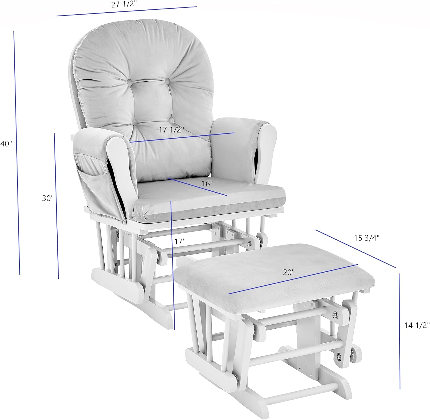 Glider and Ottoman White Wood and Gray Fabric