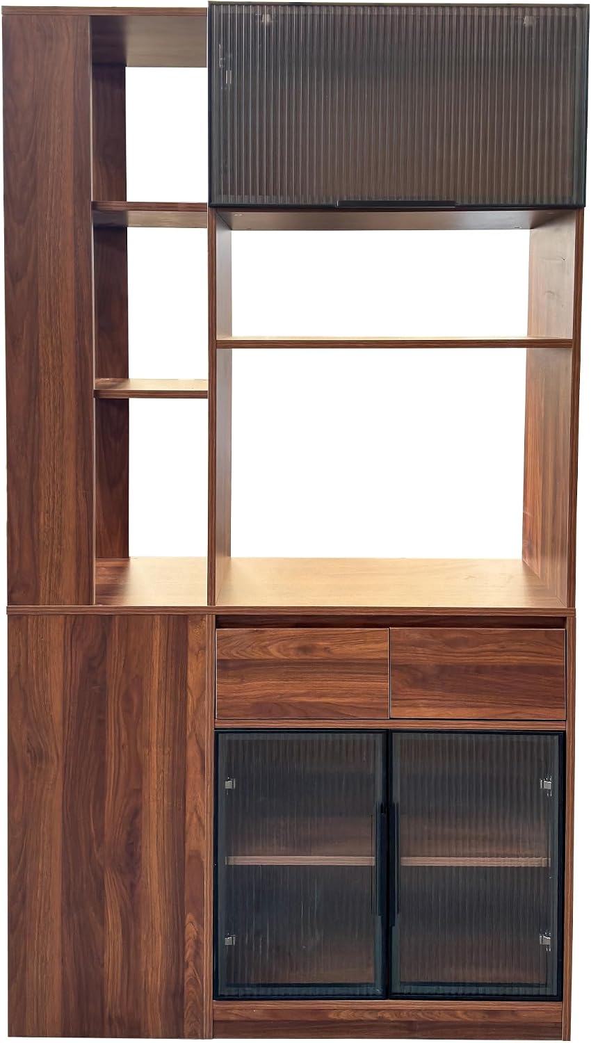 70.87" Tall Kitchen Pantry Cabinet with Multi-Tier Storage, Freestanding Food Hutch with 5 Drawers & 3 Glass Door and Microwave Stand, Coffee Bar Storage Cabinet Entrance Organizer, Walnut