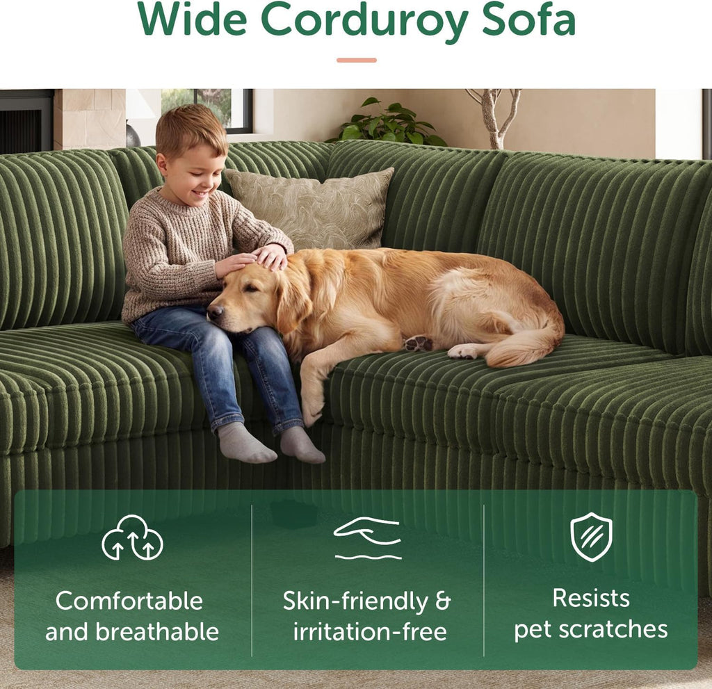 HONBAY Corduroy Convertible Sectional Sofa L Shaped Corner Couch,Green | Compact Sofa,Reversible Sectional Couches for Living Room,Wide Corduroy Fabric,Easy to transport and install