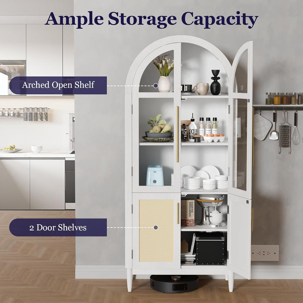 71" Tall Arched Cabinet with Glass Doors, Kitchen Pantry Storage Cabinet with Dust-Proof Rattan, 5-Tier Curio China Cabinet with Adjustable Shelves for Living Room Dining Room, White