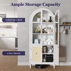 71" Tall Arched Cabinet with Glass Doors, Kitchen Pantry Storage Cabinet with Dust-Proof Rattan, 5-Tier Curio China Cabinet with Adjustable Shelves for Living Room Dining Room, White