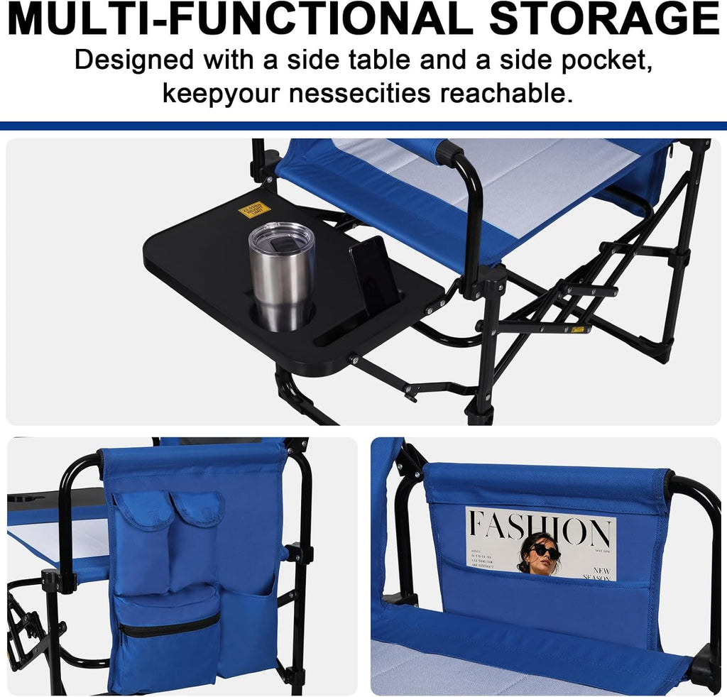 Romswi 2Pack Director Chairs for Outdoor, Folding Camping Chair, Compact Directors Chair Side Table and Side Bag, Heavy Duty Oversize Chair for Beach Fishing Picnic, Holds up to 400 lbs Blue