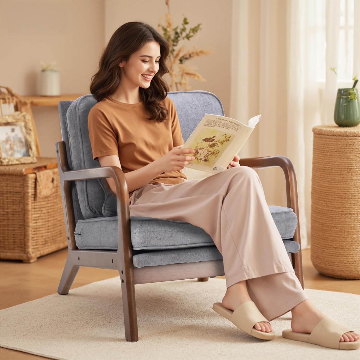 DUMOS Mid Century Modern Chairs Set of 2, Accent Chair with Arms and Waist Cushion, Reading Chairs for Adults, Lounge Chair for Living Room and Bedroom, Solid Wooden Frame, Light Grey