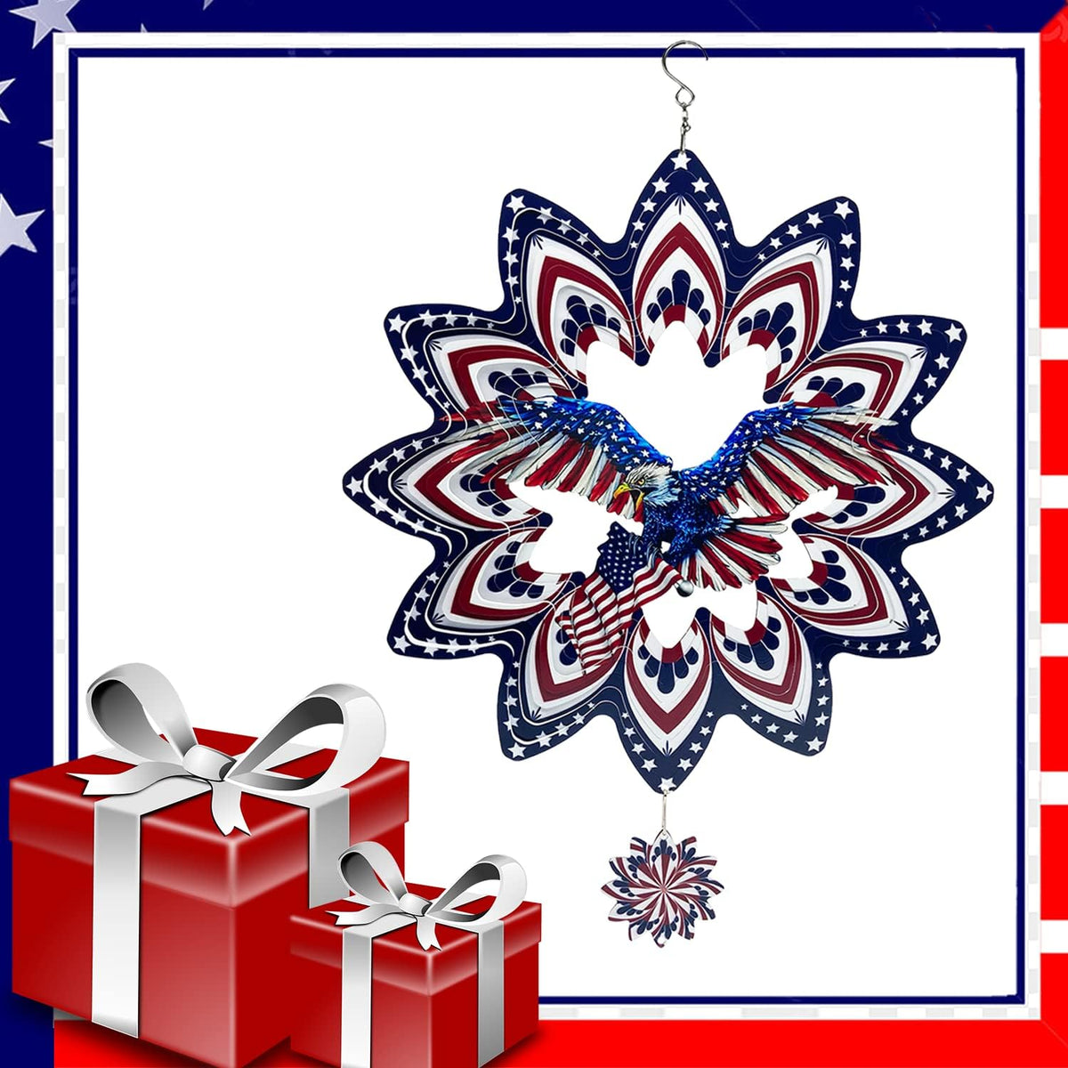 Eagle Wind Spinners for Yard and Garden,Wind Spinner Hanging,3D Metal Wind Catchers,12in American Flag Kinetic Spinner,Fourth of July Independence Day Party Decorations for Indoor Outdoor(Round)