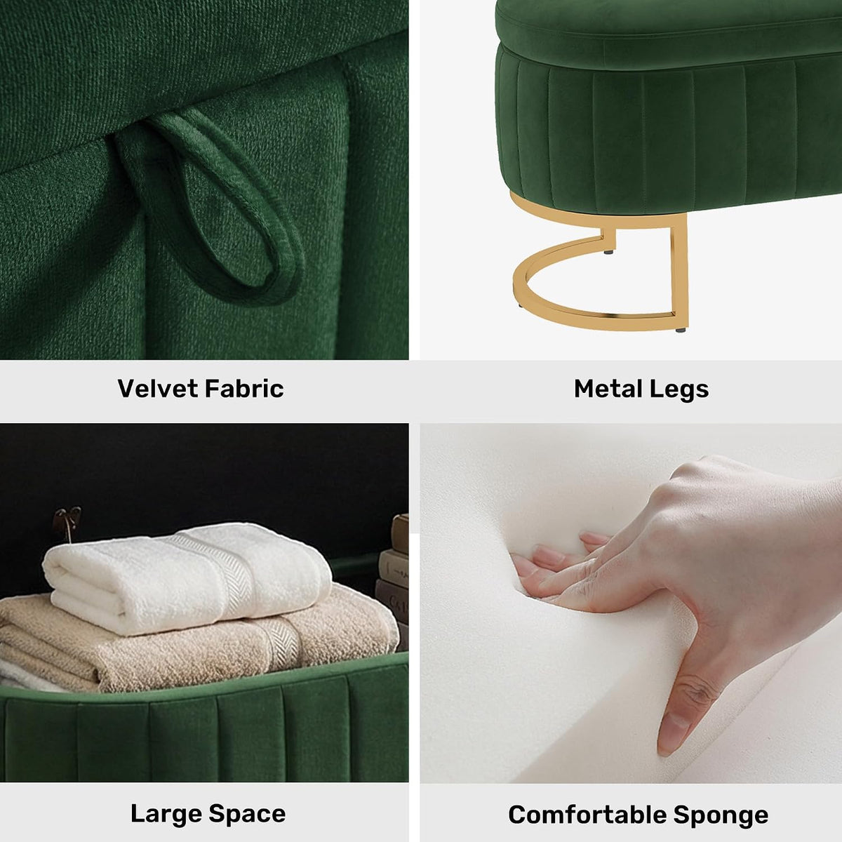 65" Velvet Storage Ottoman Bench End of Bed for Bedroom Entryway Green | Velvet Large Storage Solid Wood with Metal Leg 300 lbs Weight