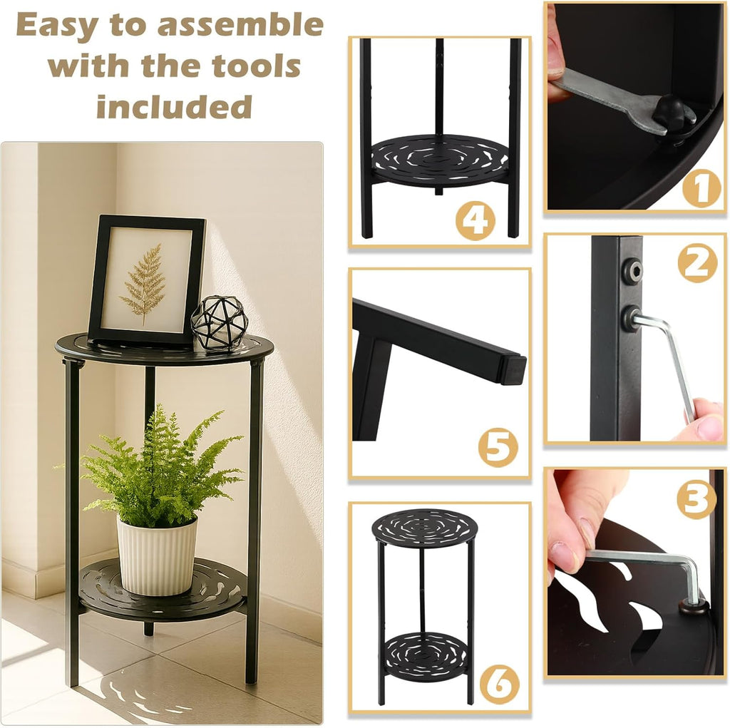 2-Tier Metal Round Side Table Black Accent Coffee Tables Small Space Corner Plant Stand Shelf for Indoor Outdoor Use Patio Balcony End Table Laser-Cut Floral Pattern Weather-Resistant