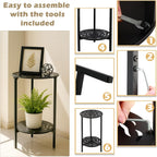 2-Tier Metal Round Side Table Black Accent Coffee Tables Small Space Corner Plant Stand Shelf for Indoor Outdoor Use Patio Balcony End Table Laser-Cut Floral Pattern Weather-Resistant