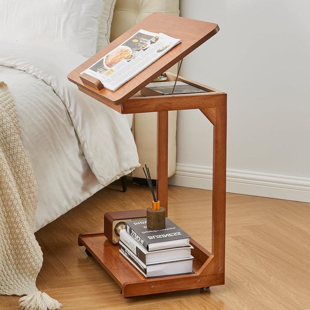 CozyDH Bedroom Side Table - Wooden End Tables Bedroom, C Shaped End Table with Wheels, Small Rolling Table for Bedside, Skinny Tray Desk for Sofa/Couch/Living Room, Teak