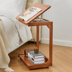 CozyDH Bedroom Side Table - Wooden End Tables Bedroom, C Shaped End Table with Wheels, Small Rolling Table for Bedside, Skinny Tray Desk for Sofa/Couch/Living Room, Teak
