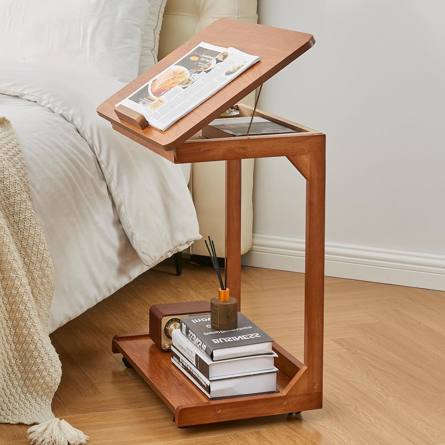 CozyDH Bedroom Side Table - Wooden End Tables Bedroom, C Shaped End Table with Wheels, Small Rolling Table for Bedside, Skinny Tray Desk for Sofa/Couch/Living Room, Teak