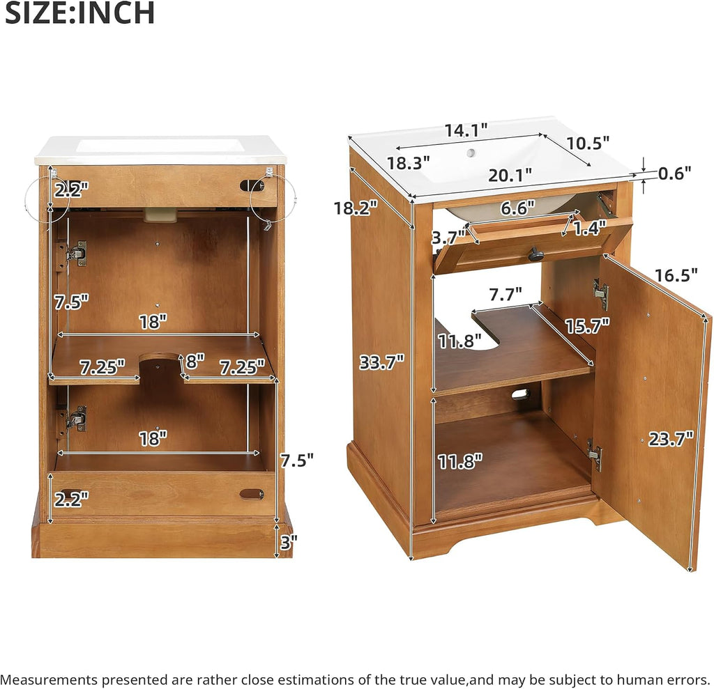 JIVOIT 20" Bathroom Vanity with Integrated Ceramic Sink, Wood Bathroom Cabinet with Adjustable Shelf, Soft-Closing Door, Solid Wood Bottom Frame for Small Space