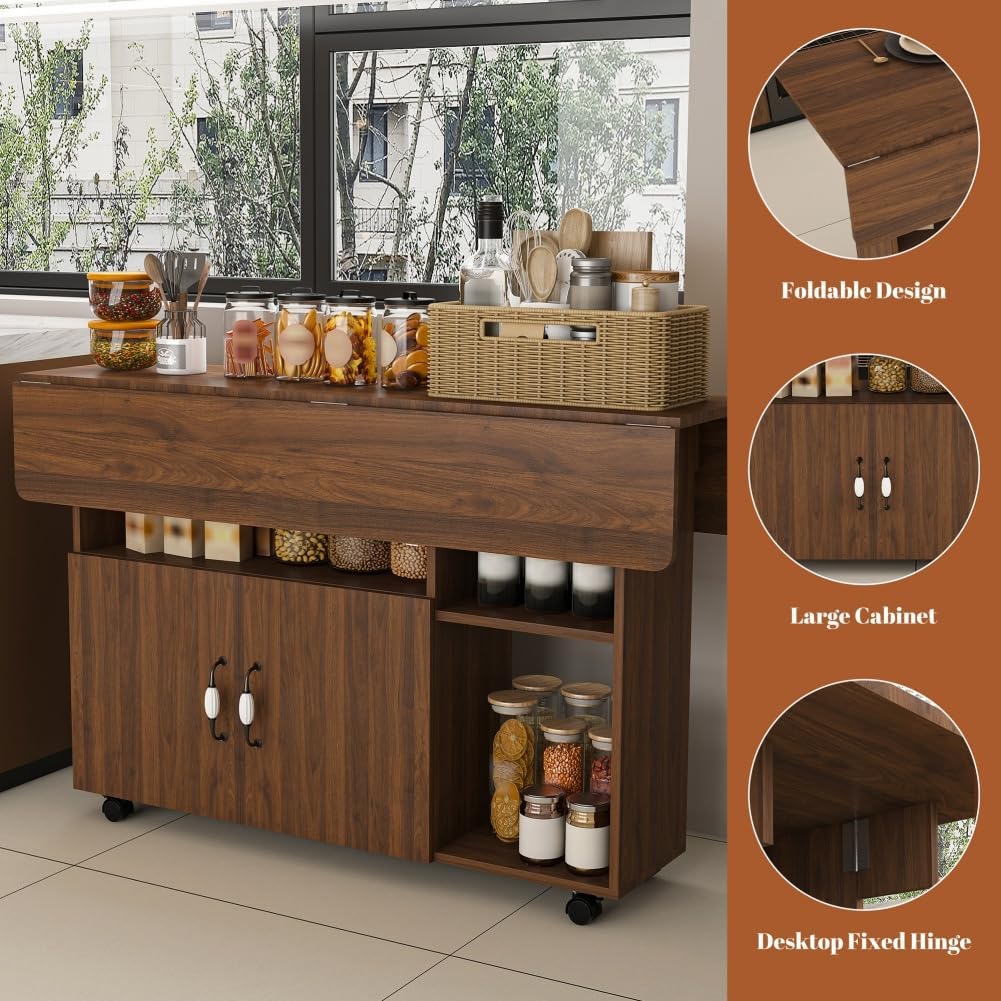 Folding Dining Table with Wheels, Drop Leaf Dinner Table with 2-Layer Storage, Space Saving Table for Small Spaces, Kitchen, Dining Room (Walnut)