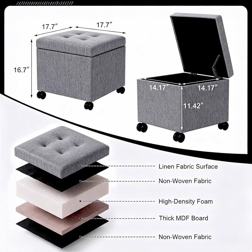 Homebeez 18" Square Storage Ottoman with Wheels, Tufted Linen Cube | Rolling Ottoman with Storage, Coffee Table Ottoman for Couch, Modern Footrest for Living Room Bedroom, Grey