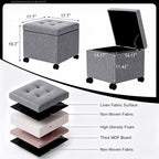 Homebeez 18" Square Storage Ottoman with Wheels, Tufted Linen Cube | Rolling Ottoman with Storage, Coffee Table Ottoman for Couch, Modern Footrest for Living Room Bedroom, Grey