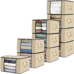 Fab totes 10 Pack Clothes Storage, Foldable Thick Fabric Blanket Storage Bags, Containers for Organizing Bedroom, Closet, Clothing, Comforter,Organization with Handle,Beige