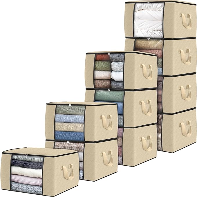 Fab totes 10 Pack Clothes Storage, Foldable Thick Fabric Blanket Storage Bags, Containers for Organizing Bedroom, Closet, Clothing, Comforter,Organization with Handle,Beige