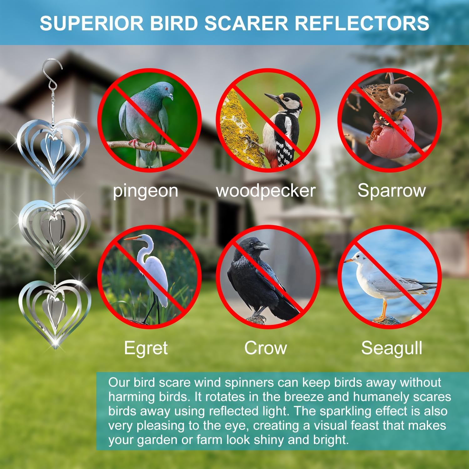 Love Stainless Steel Bird Scarer Discs Set, 3D Reflective Helix Wind Spinners Bird Reflector Sparkly Metal Outdoor Garden Décor Sculpture Ornament, Deterrent to Scare Pigeon Away from Yard Patio Farm