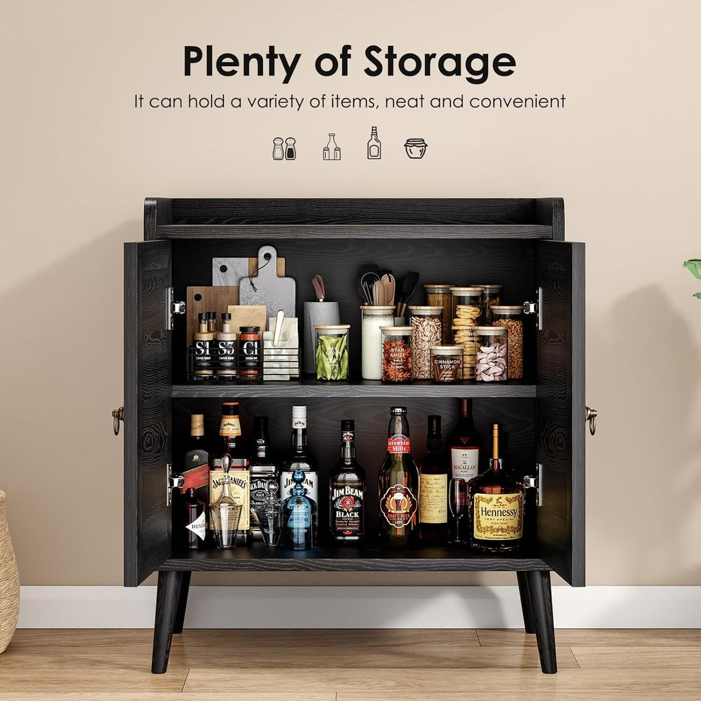 Sideboard Buffet Cabinet with Storage, Rustic Bar Liquor Cabinet with Boho Rattan Decorated Doors, Retro Credenza Console Table for Dining Room Living Room Hallway EntryWay, Black