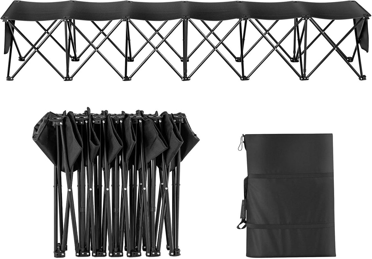 6-Seat Foldable Sports Bench with Side Pockets, Carrying Bag, 600D OxFor Ford Fabric Black for Outdoor Events