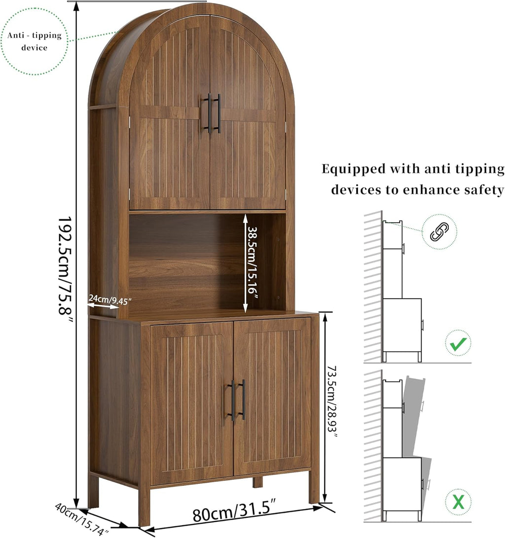 76" Tall Arched Kitchen Pantry,Large Storage Cupboard with Fluted Doors,Microwave Shelf,Modern Wooden Buffet Sideboard,Adjustable Shelves,Cabinet for Dining,Living Room,Walnut