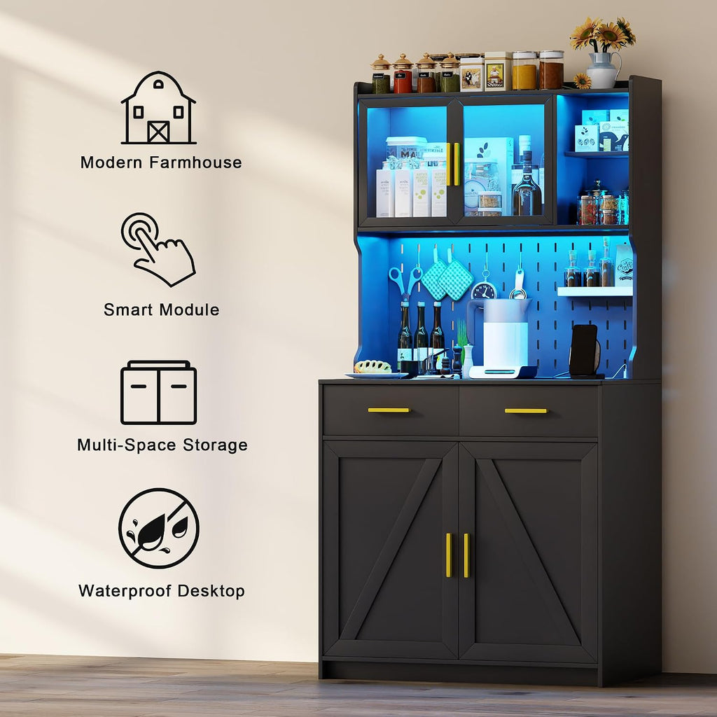 LED Kitchen Pantry Cabinet with Outlets, Farmhouse Storage Cabinet with Drawers & Adjustable Shelves, 64" Tall Cupboard with Pegboard & Hooks for Dining Room (Black)
