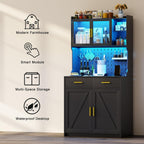 LED Kitchen Pantry Cabinet with Outlets, Farmhouse Storage Cabinet with Drawers & Adjustable Shelves, 64" Tall Cupboard with Pegboard & Hooks for Dining Room (Black)
