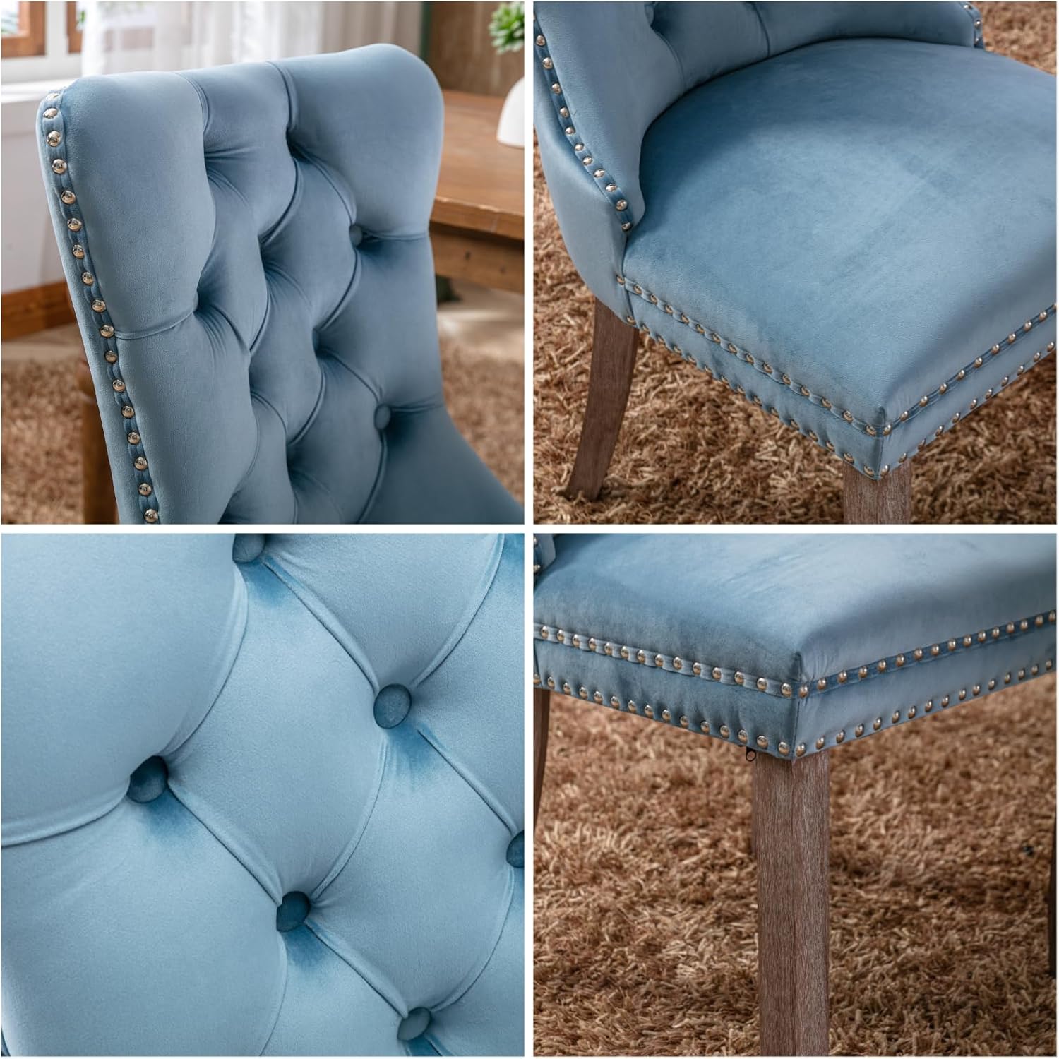 Dining Chairs Set of 2, Dining Chair with Velvet Upholstery Seat & Contoured Backrest, Solid Wood Living Room Chair with Nail Head Details, Hand-Made Pull-Up, Support up to 280 Lbs, Light Blue