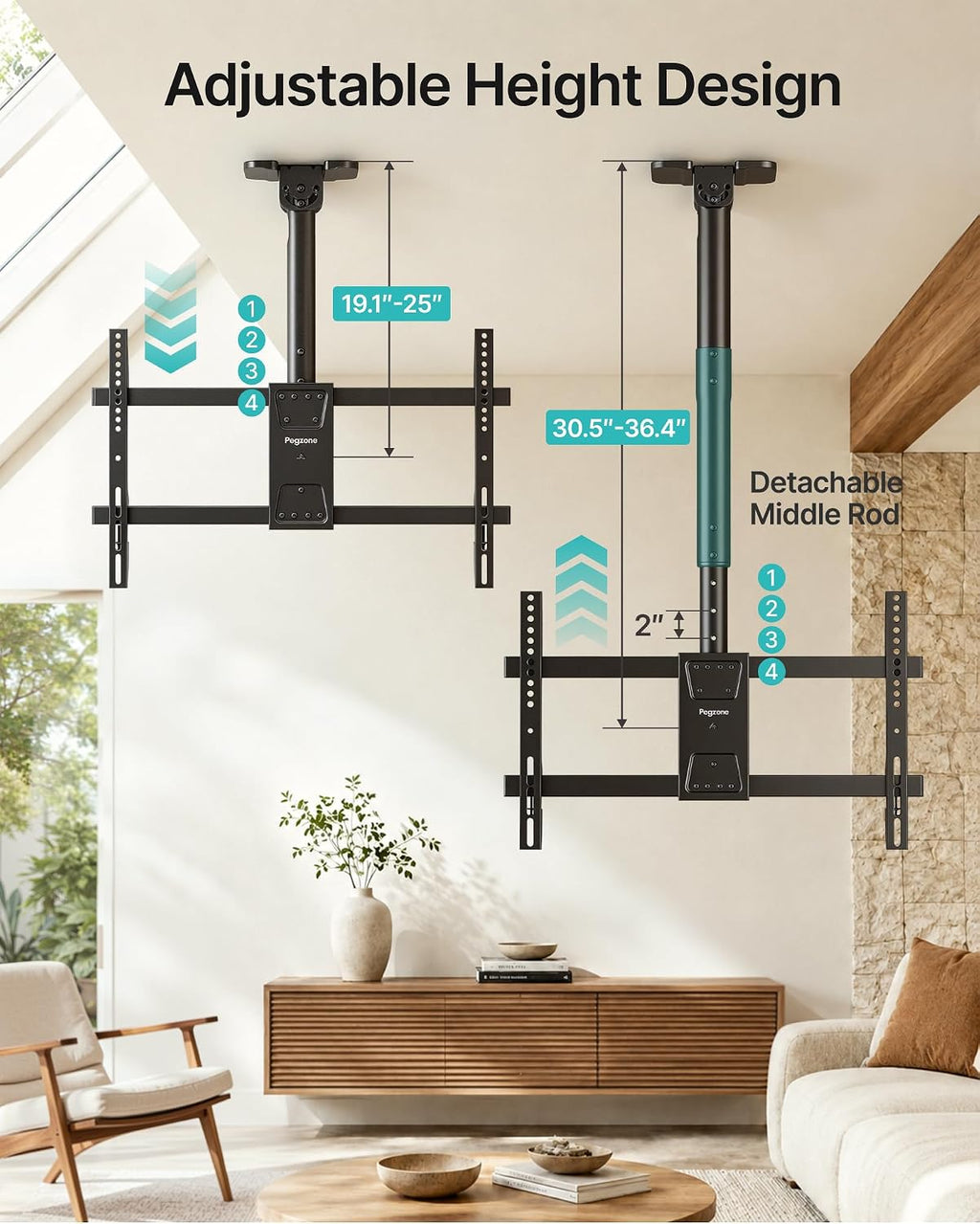 PEGZONE Ceiling TV Mount for 43-86 Inch TVs, 19.1"-36.4" Height Adjustable | Holds 155lbs, Full Motion TV Ceiling Mount for Flat & Sloped Ceilings, Hanging TV Bracket with Swivel, Tilt, Max VESA 600x400