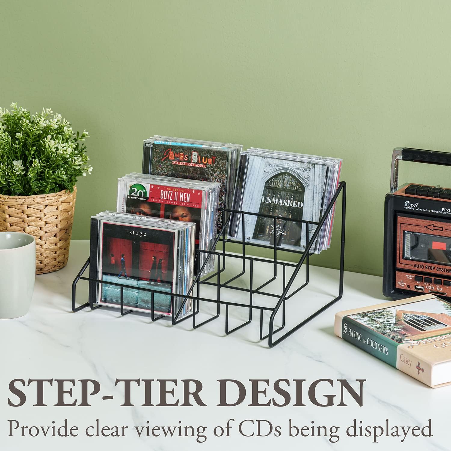 MyGift 2pc CD Storage Rack, 3 Tier Media Holder, Black Metal Organizer | Three-tier design keeps music and movie collections organized while saving desktop and shelf space with a compact footprint