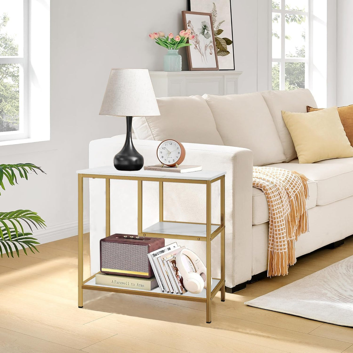 AT-VALY 3-Tier End Table,Nightstand for Living Room, Bedroom, Office, Bathroom (Gold)