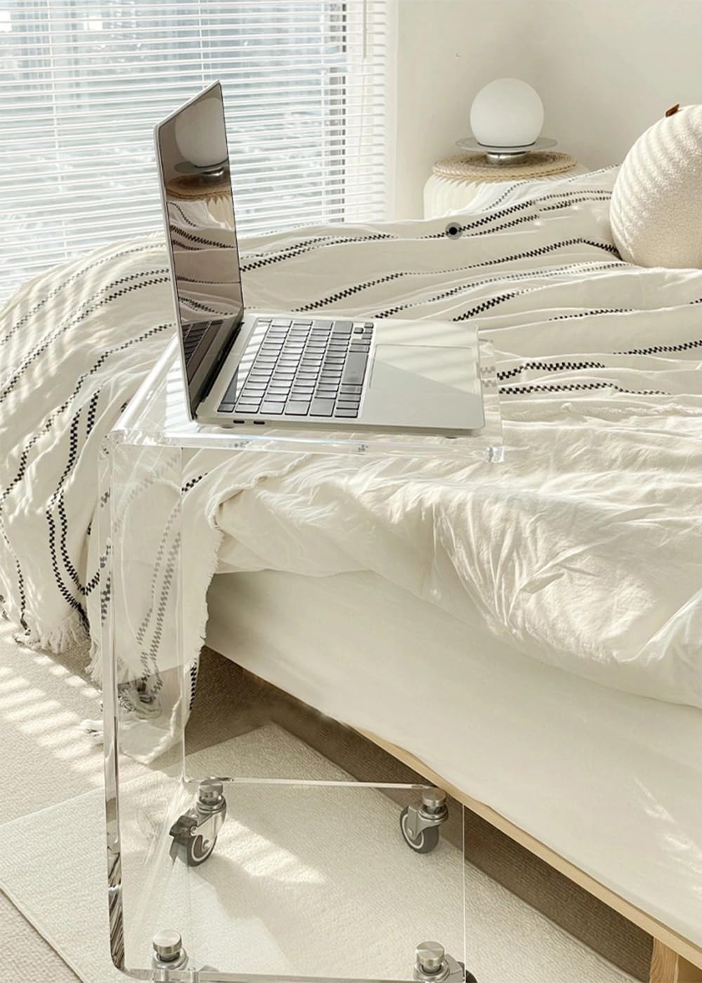 Acrylic Clear Movable End Table -26" h C-Shaped Modern Rolling Bedside/Sofa Side Table, Ideal for Bedroom and Living Room as a Snack Table