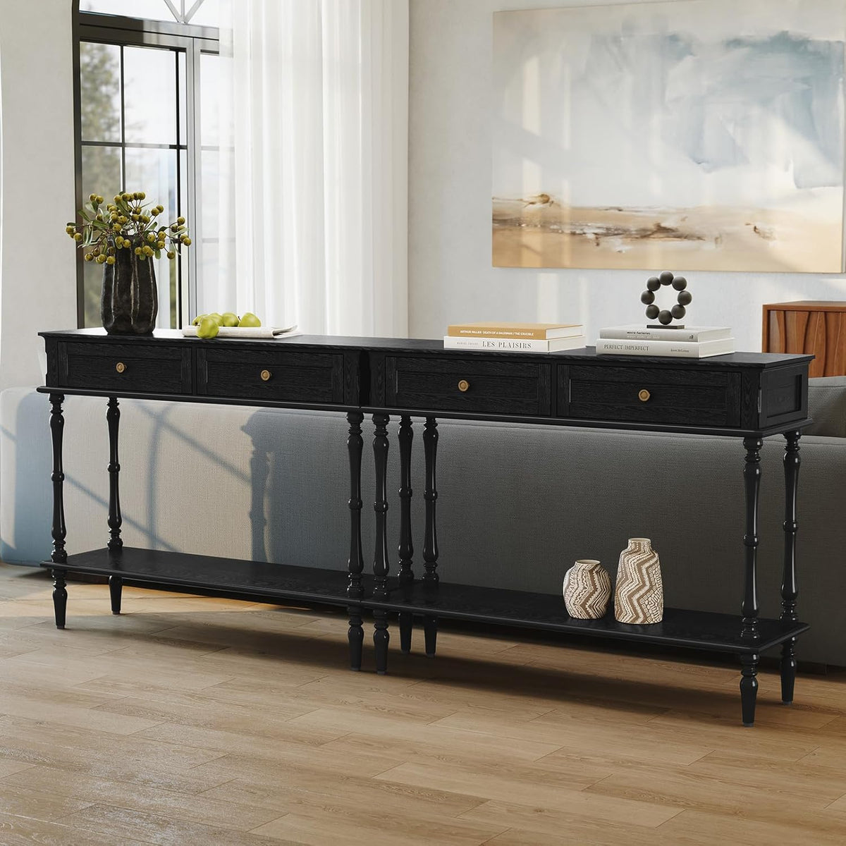 ARTPOWER Console Table for Entryway with 2 Drawers, 10 mins Assembly, Black | Solid Wood Veneer Entry Table, Behind Couch Sofa Table with Open Storage Shelf for Living Room, Foyer, Hallway