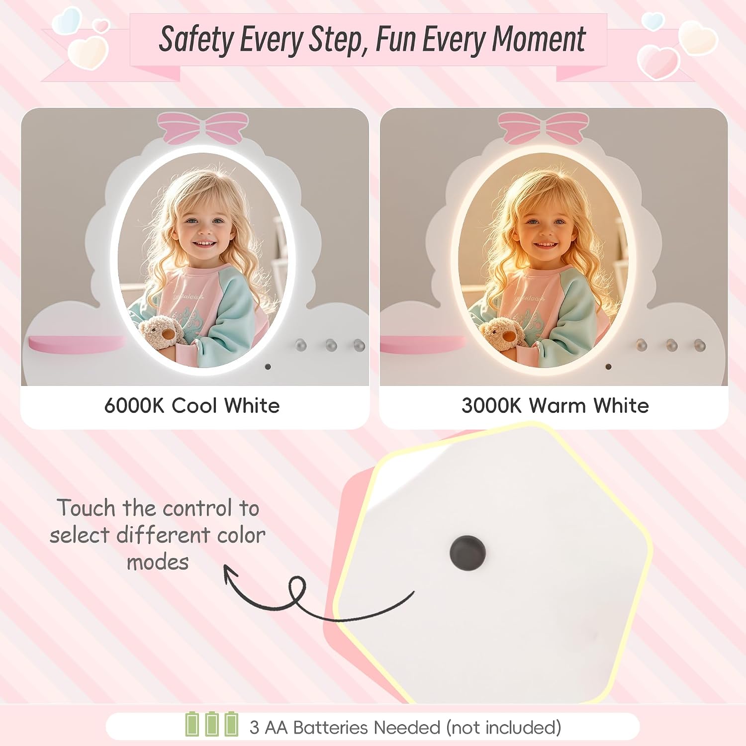 TOLEAD Girls Vanity Set with Lighted Mirror and Stool, Kids Vanity with Storage Space and Bow Pattern for Princess, Toddler Makeup Vanity Desk with Open Shelf and Bracelet Bods, White