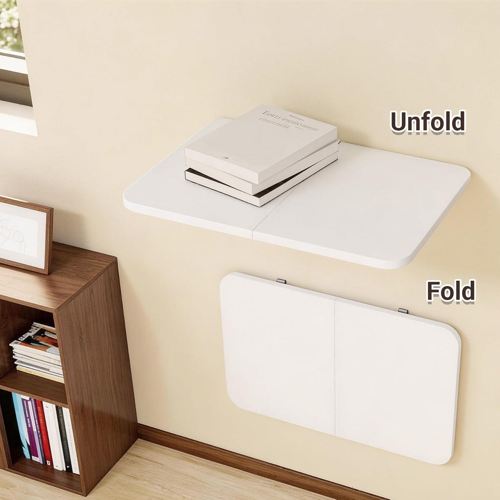 Neoaider Wall Mounted Folding Desk 23.6” x 15.7”, Drop Down Table with Metal Collapsible Brackets, Folding Wall Table for Small Spaces, Home, Office, Kitchen, Laundry Room-White
