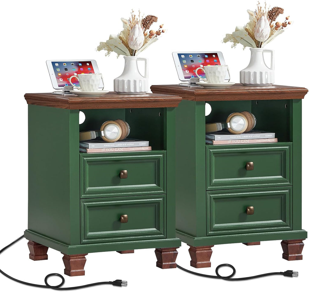 SAVOR LIFE Farmhouse Nightstand Set of 2 with Charging Station, Green | End Tables Bedroom with 2 Drawers, Traditional Night Stand with Open Shelf & Thickened Top & Square Wooden Legs