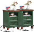 SAVOR LIFE Farmhouse Nightstand Set of 2 with Charging Station, Green | End Tables Bedroom with 2 Drawers, Traditional Night Stand with Open Shelf & Thickened Top & Square Wooden Legs