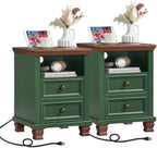 SAVOR LIFE Farmhouse Nightstand Set of 2 with Charging Station, Green | End Tables Bedroom with 2 Drawers, Traditional Night Stand with Open Shelf & Thickened Top & Square Wooden Legs