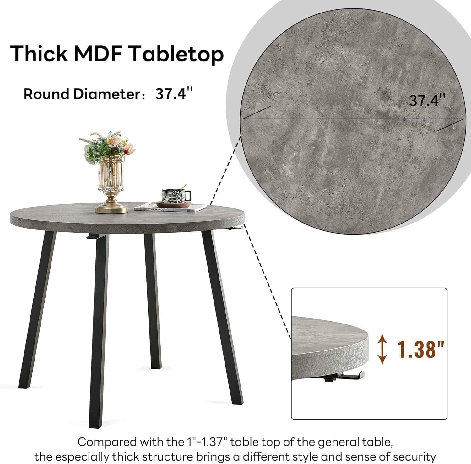 Homedot 5-Piece Round Dining Table Set for 4, 37-Inch Gray Kitchen Table with 4 Seated Black Dining Chairs Set for Apartment/Dining Hall, Compact Breakfast Nook Table Set