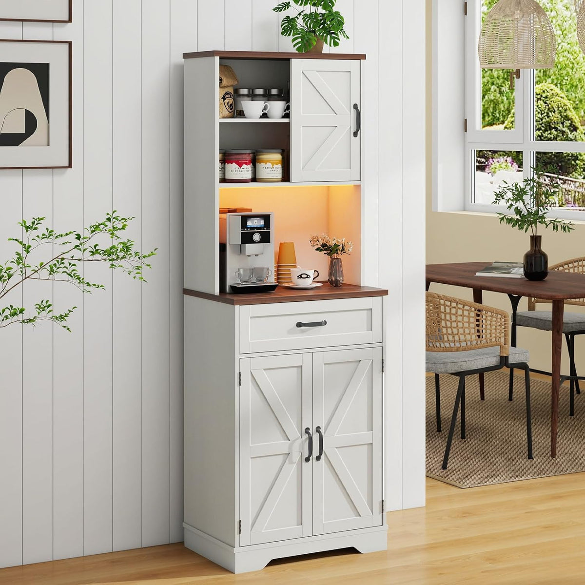 Vabches 68" Farmhouse Storage Cabinet with LED Light & Charging Station, Tall Kitchen Pantry Storage Cabinet with Storage Drawers, Coffee Bar with Hutch for Home Dining Living Room, Rustic White