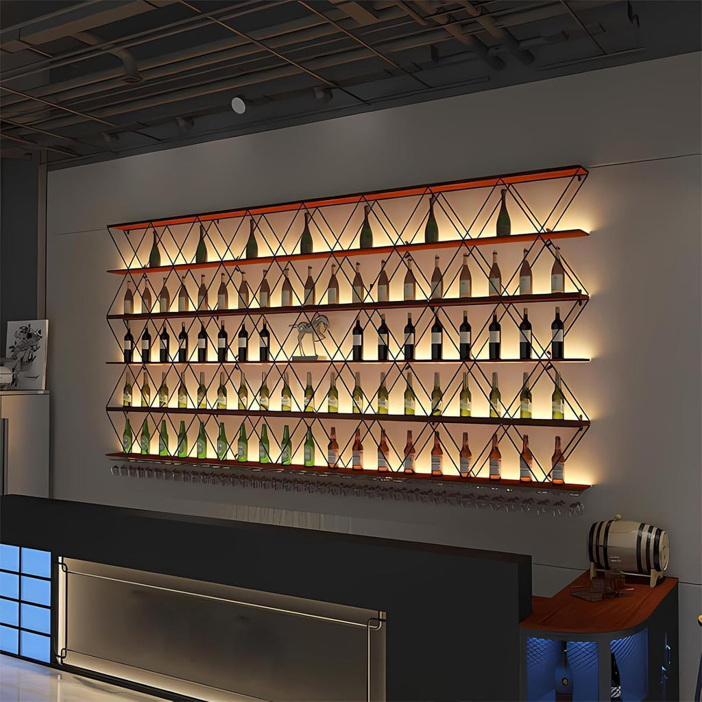 Wood Wine Rack Wall Mounted, Floating Bar Liquor Bottles Storage Rack, 3-Tier Industrial Metal Wine Glass Holder, Wall Wine Shelves for Home Bar, Dining Room (180cm/70.9in)