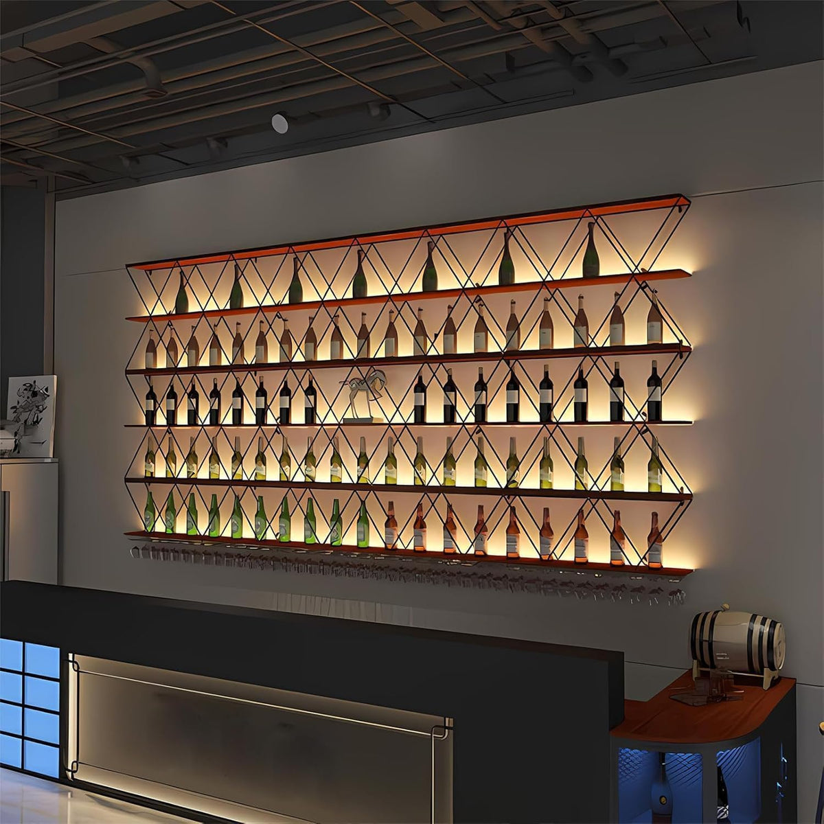 Wood Wine Rack Wall Mounted, Floating Bar Liquor Bottles Storage Rack, 3-Tier Industrial Metal Wine Glass Holder, Wall Wine Shelves for Home Bar, Dining Room (180cm/70.9in)