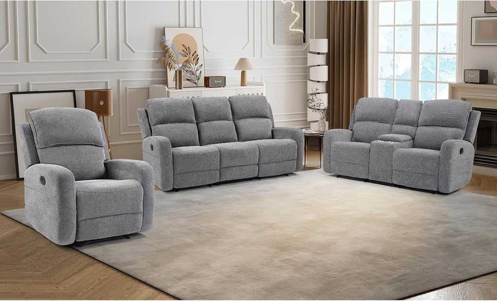 EBELLO Manual Living Room Furniture Reclining Couch Set, Fabric Recliner Chair, Loveseat and 3 Seat Sofa Couch for Meeting Room(Recliner+Loveseat+3 Seat Sofa)