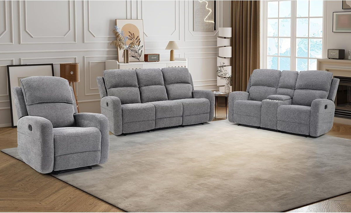 EBELLO Manual Living Room Furniture Reclining Couch Set, Fabric Recliner Chair, Loveseat and 3 Seat Sofa Couch for Meeting Room(Recliner+Loveseat+3 Seat Sofa)