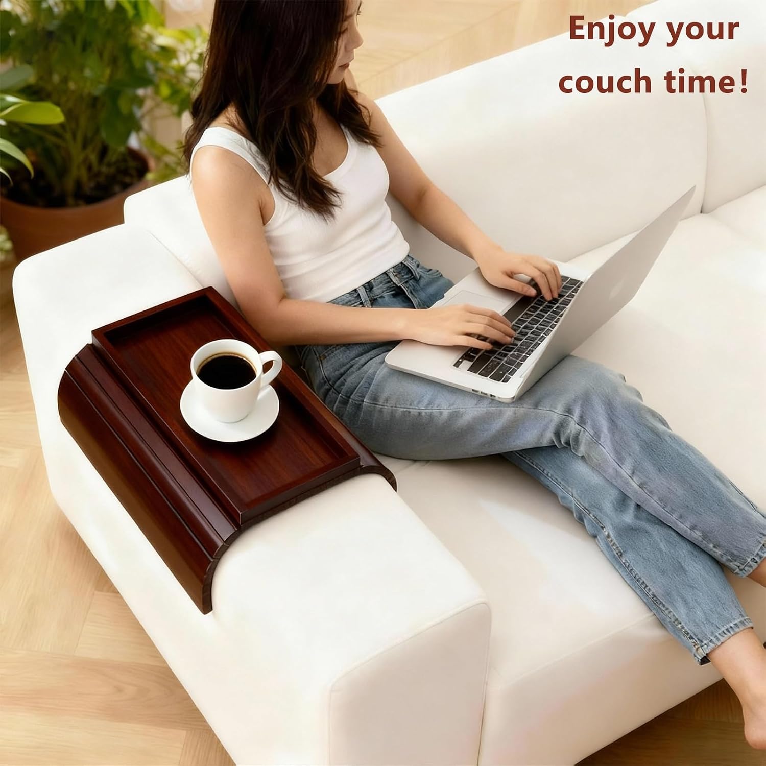 Bamboo Couch Arm Tray Table, Foldable Sofa Rest with Non-Slip Base Portable Armchair Cup Phone Holder for Drinks, Remote, Snacks Fits Most Recliners Couches, Easy-Clean Surface(Mahogany)