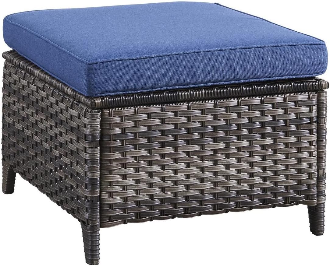Outdoor Rattan Ottomans Wicker with Blue Cushion (Set of 2) Black Modern Contemporary Square Steel Ottoman Included