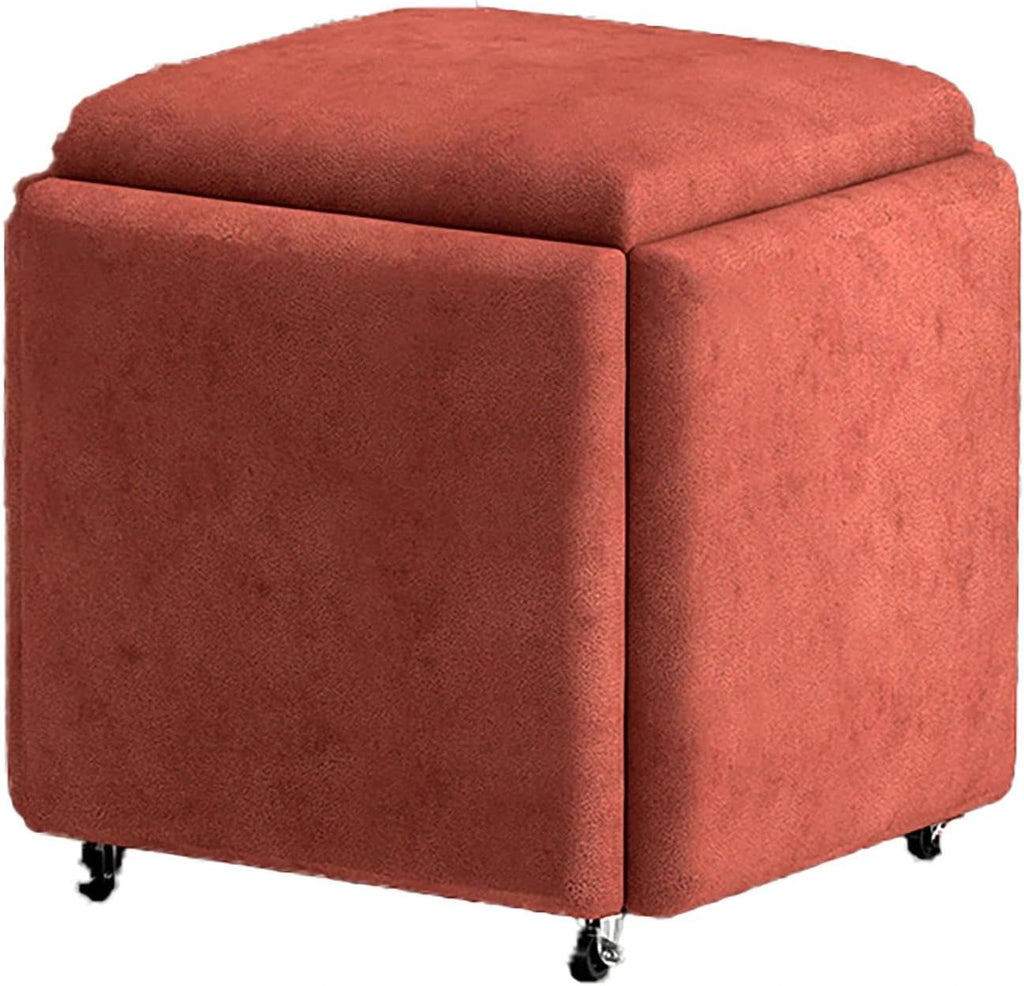 Square Multi-Functional Footstool with Wheels, 5-in-1 Entryway Storage Stool, Easily Disassembled and Assembled, Suitable for Living Room and Bedroom.(Orange-red)